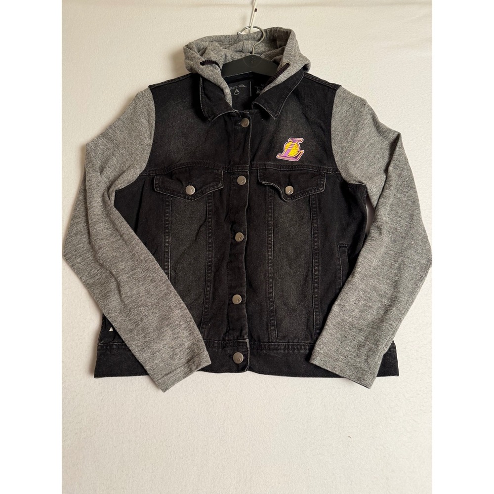 Antigua Los Angeles Lakers Womens Medium Denim Jacket Hooded Mixed Media Black